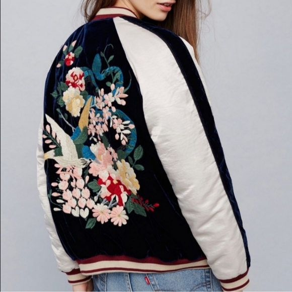 Free People Jackets & Blazers - Free People Boho Embroidered Bird Bomber Jacket